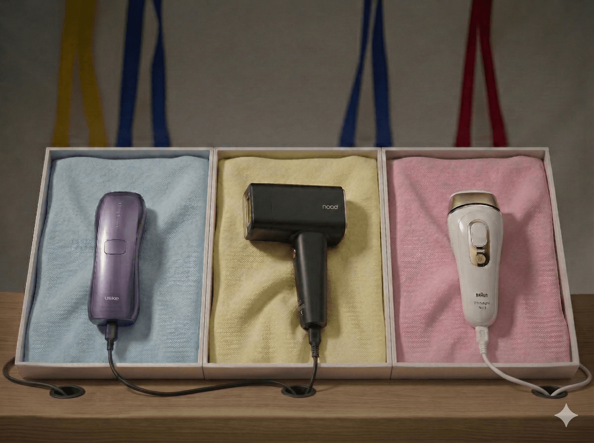 Three IPL hair removal devices compared: Ulike, Nood Flasher Pro, and Braun Silk Expert Pro 5