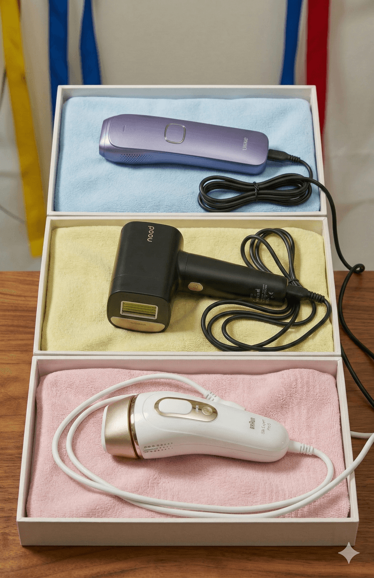 Three IPL hair removal devices compared: Ulike, Nood Flasher Pro, and Braun Silk Expert Pro 5